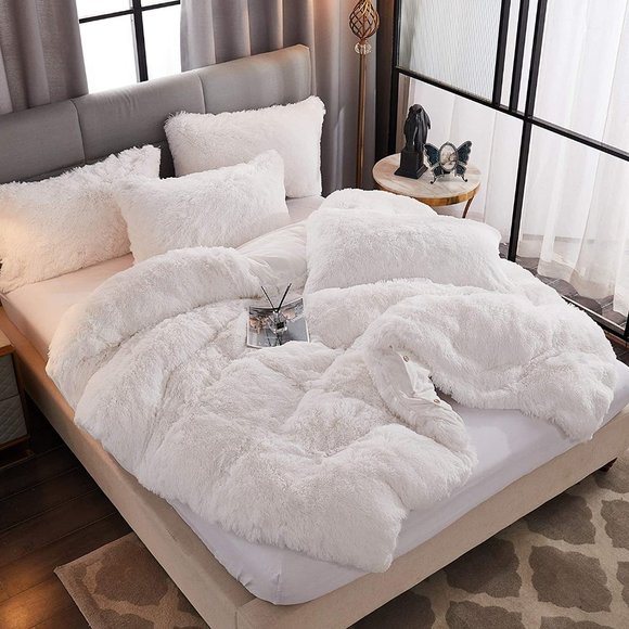 FLASH SALE $90 OFF Shaggy Fluffy Faux Fur Duvet Cover Velvety Bedding Set - Picture 9 of 16